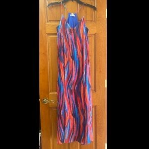 Nicole Miller red/blue satin lightweight maxi dress Sz XS New